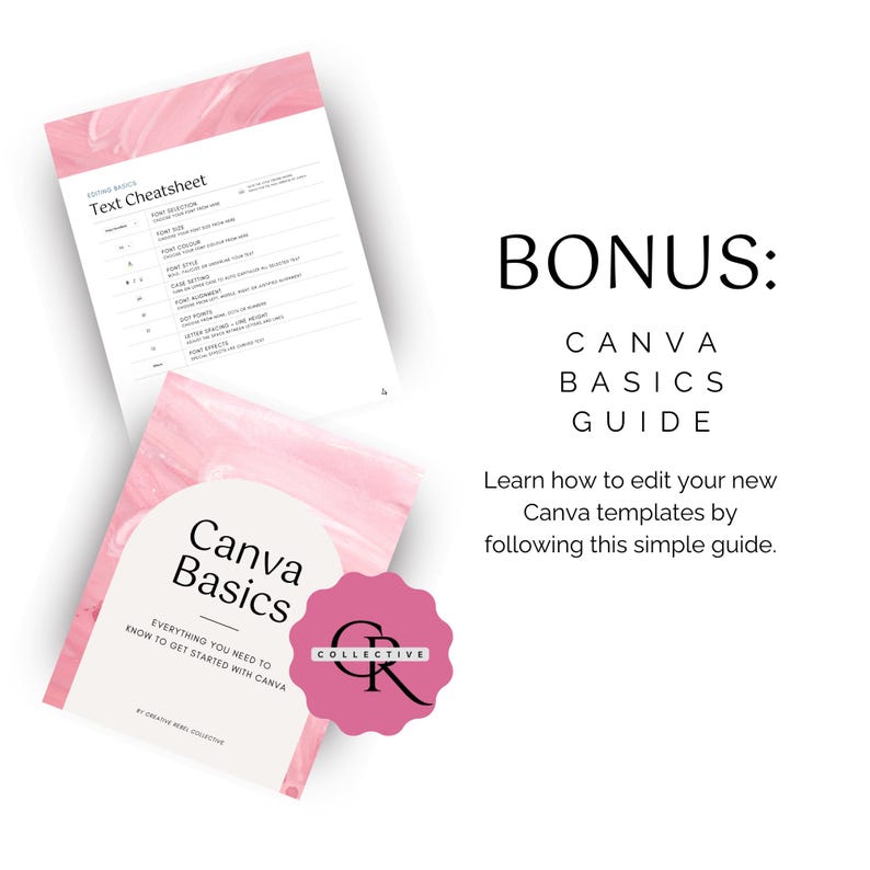 Puede incluir: Dos gu&iacute;as de Canva rosas y blancas y una hoja de trucos de texto se muestran sobre un fondo blanco. Las gu&iacute;as se titulan "Canva Basics" y "Text Cheatsheet". La imagen tambi&eacute;n incluye el texto "BONUS: CANVA BASICS GUIDE".