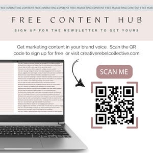 Puede incluir: Una computadora port&aacute;til muestra ideas de contenido de marketing. La imagen incluye el texto "FREE CONTENT HUB" y "SIGN UP FOR THE NEWSLETTER TO GET YOURS". Hay un c&oacute;digo QR con el texto "SCAN ME".