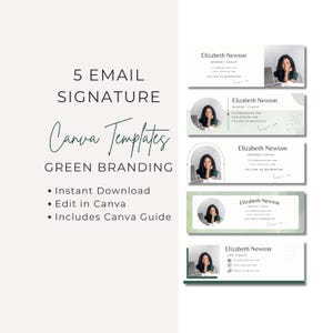 Puede incluir: Un diseño digital que presenta cinco plantillas de firma de correo electrónico con un tema de marca verde. Las plantillas incluyen el nombre "Elizabeth Newton" y los títulos "Mindset Coach" o "Life Coach". El diseño incluye el texto "5 Email Signature Canva Templates".