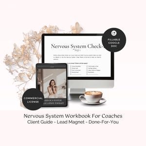 May include: A digital marketing image featuring a computer monitor and tablet displaying a "Nervous System Check" form. A coffee cup sits nearby. The image includes the text "Nervous System Workbook For Coaches" and "Commercial License".