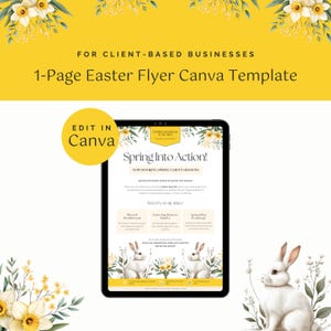 Può includere: Un modello di volantino digitale per aziende basate sui clienti, con un tema primaverile con coniglietti e narcisi. Il volantino pubblicizza "Spring Into Action!" e offre "Spring Client Sessions".