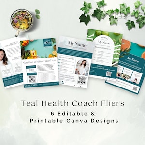 Puede incluir: Folletos de coach de salud turquesa con dise&ntilde;os de Canva editables. Los folletos presentan im&aacute;genes de frutas y verduras, junto con texto que dice "My Name" y "Featured Services". Los folletos tambi&eacute;n incluyen c&oacute;digos QR y el texto "Nutrition Webinar Title Here".