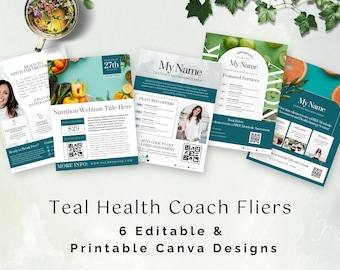 Paquete de folletos de Teal Health Coach: plantillas editables de Canva con código QR