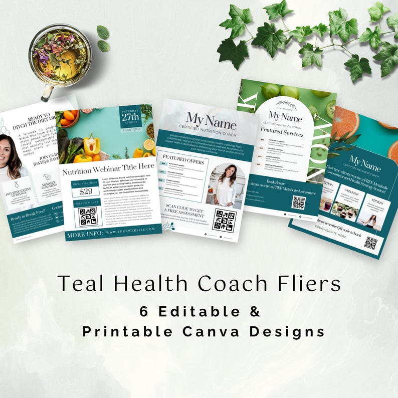 Puede incluir: Folletos de coach de salud turquesa con dise&ntilde;os de Canva editables. Los folletos presentan im&aacute;genes de frutas y verduras, junto con texto que dice "My Name" y "Featured Services". Los folletos tambi&eacute;n incluyen c&oacute;digos QR y el texto "Nutrition Webinar Title Here".
