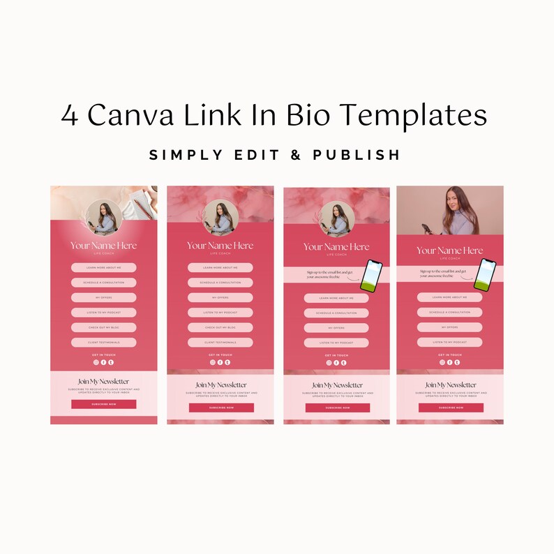Pink Link in Bio Canva Template Bundle: 4 Editable Designs for Coaches ...