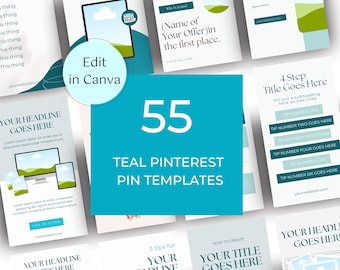 Maquetas de pines de Pinterest en verde azulado: 55 plantillas de marketing de Canva (descarga digital)