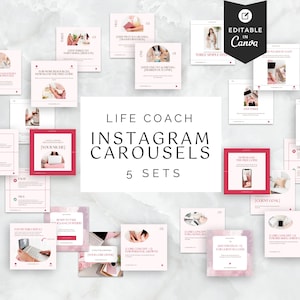 Pink Life Coach Carousels, 5 Sets of Instagram Canva Templates, Coaching IG Carousel Template, Instagram Slide Posts, Social Media Manager