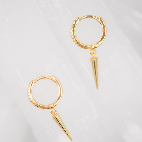 Jesse Dangling Spike Huggie Earrings - Tiny Diamond Hoops - 14K Gold Vermeil Earrings For Her - 925 Sterling Silver Jewelry