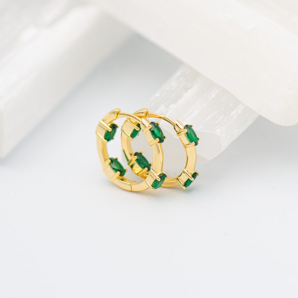 Shelby Earrings - 14K Gold Vermeil Hoops - Handmade Earrings - Emerald Green Earrings - Emerald Green Hoops