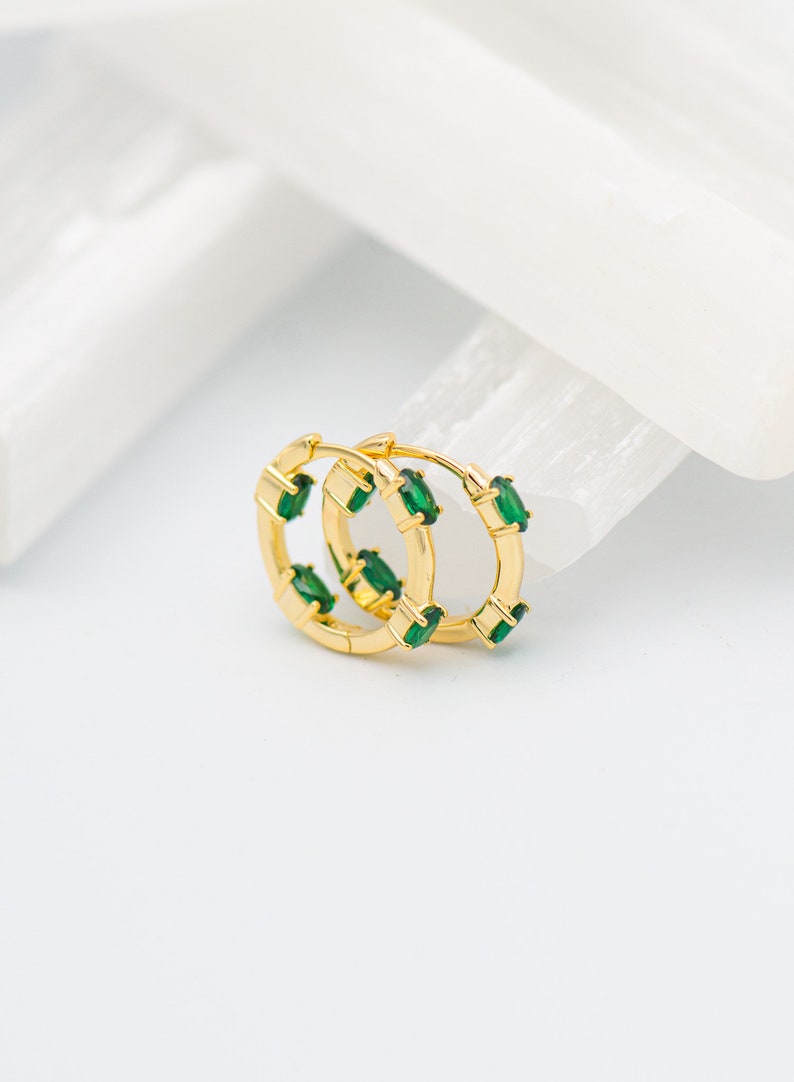 Shelby Earrings 14K Gold Vermeil Hoops Handmade Earrings Emerald Green Earrings Emerald Green Hoops image 1