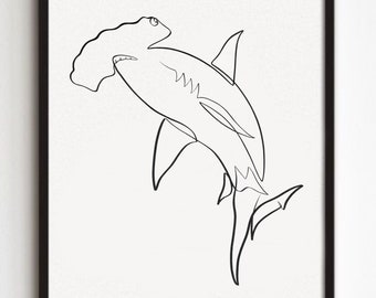 Instant Download Hammer Shark Art, One line Art Shark, Minimalist Hammer Shark, Line Art, Fish Poster, Digital Drawing Shark Lover, Bathroom
