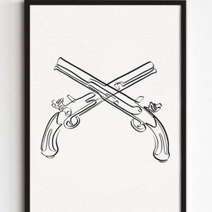 Puede incluir: Un dibujo en blanco y negro de dos pistolas cruzadas. Las pistolas están dibujadas en un estilo simple y minimalista.