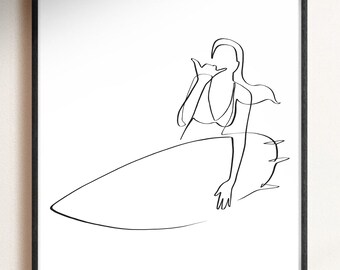 Natychmiastowe pobieranie Dziewczyna Surfer Line Art, Jedna linia sztuki, Drukowana linia sztuki, Dziewczyna Surfer Wall Art, Pomysły na prezenty dla par, Prezent dla związku, Surfer