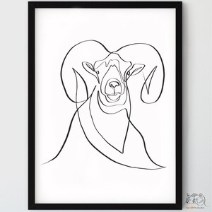 May include: Line art drawing of a ram with large curled horns. The ram is facing forward with its head tilted slightly up. The drawing is in black and white and is done in a single continuous line.