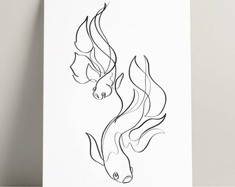 Instant Download Siamese fighting fish, One line Art Fish, Minimal Siamese fighting fish, Line Art, Fish Poster, Digital Drawing, Wall Art