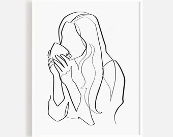 Instant Download Cafe Girl Line Art, One Line Art, Printable Line Art, Cafe Girl Wall Art, Coffee Shop Gift Ideas, Minimal Kitchen Wall Art