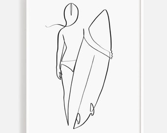 Instant Download Girl Surfer Line Art, One Line Art, Printable Line Art, Girl Surfer Wall Art, Couple Gift Ideas, Relationship Gift, Surfer