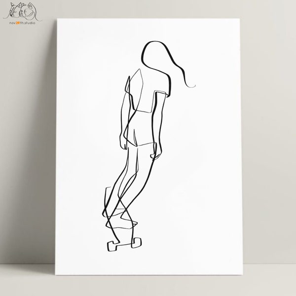 Skater Girl Svg, Jpeg, Png, One line art downloadable, Skateboarder Girls, Women Skateboarding, Digital Download, Printable wall art, Poster