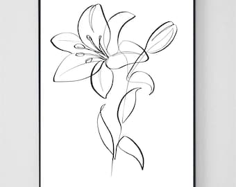 Lily Svg, Jpeg, Png, One line art, Floral art, Flower Printable, Lily template, Lily clipart, Lily Poster, Lily silhouette, Bedroom flower