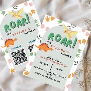 May include: Two dinosaur-themed birthday invitations with the word "Roar!" in green, orange, and yellow. The invitations include the text "It's Ryleigh's Birthday" and event details. A QR code is also visible.
