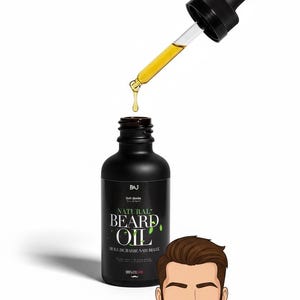 Peut inclure: Une bouteille noire d'huile à barbe naturelle avec une pipette distribuant l'huile. L'étiquette indique "Natural Beard Oil" avec un motif de feuille. Une illustration de dessin animé d'un homme avec une barbe est dans l'image.