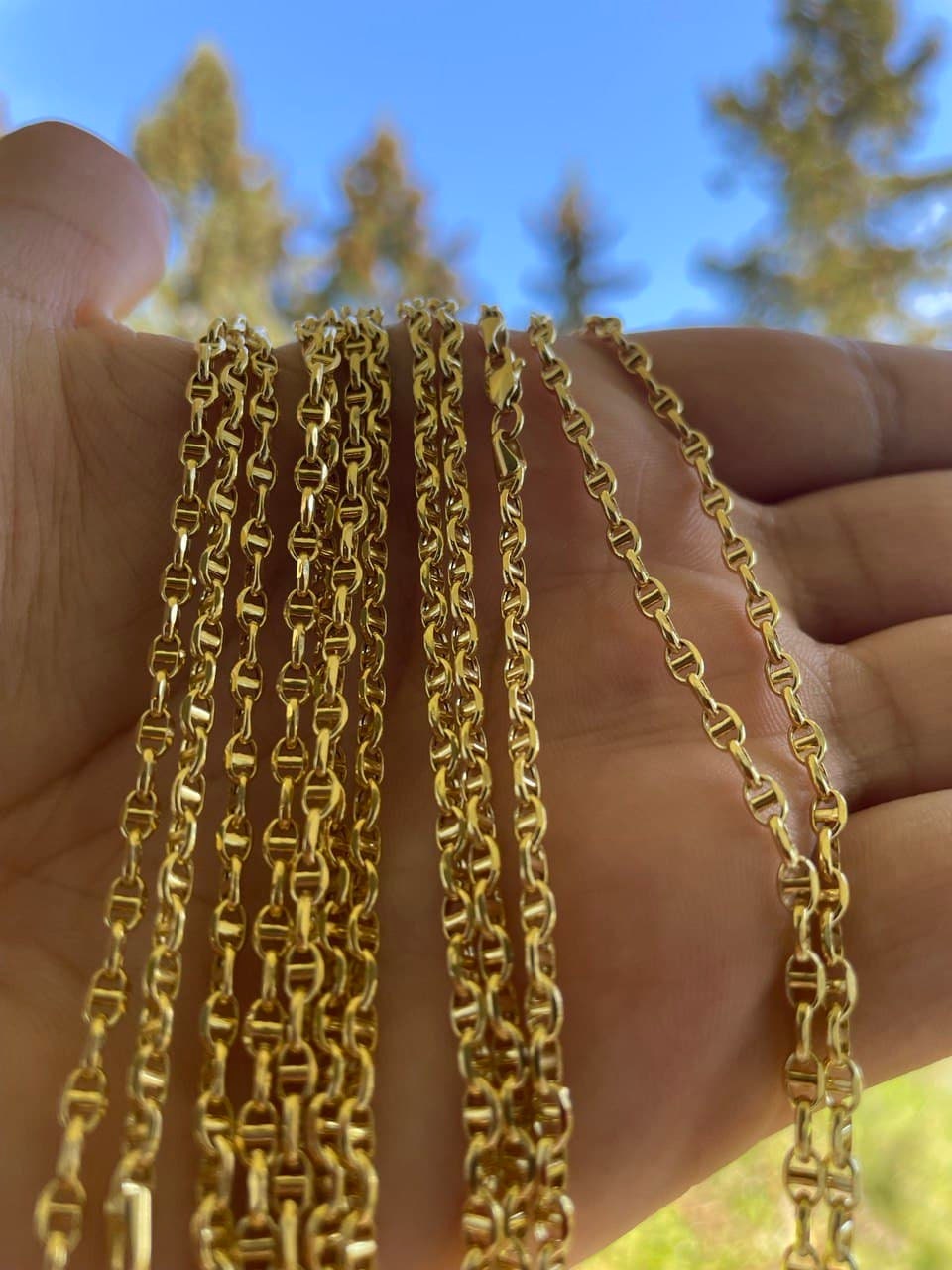 18k Solid Gold Mariner Chain Necklace 3mm 2mm Mariner Chain