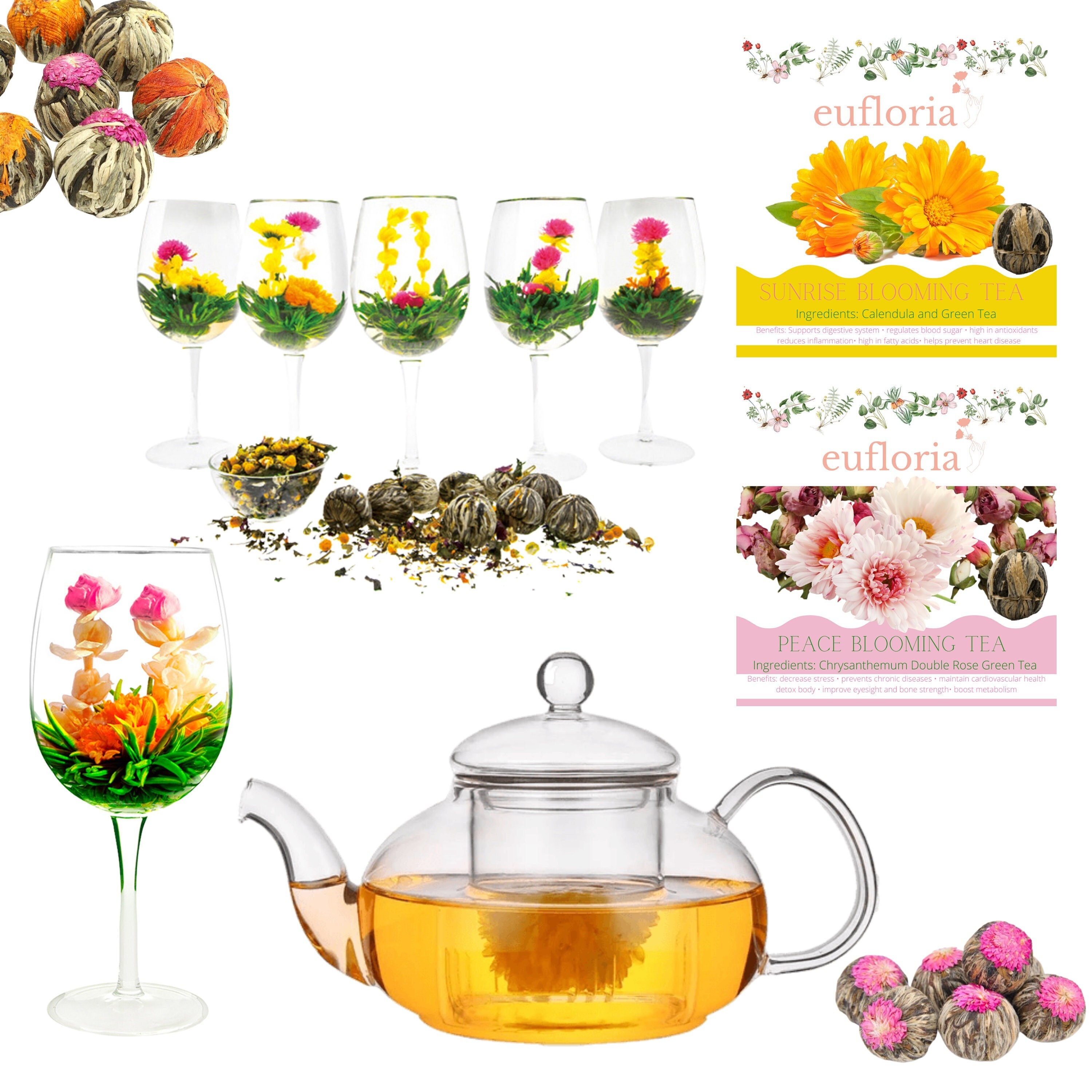 Teabloom Eternal Love Flowering Tea Gift Set - Glass Teapot (36 oz),  Heart-Topped Lid, Tea Warmer, Loose Tea Infuser & 12 Heart-Shaped Blooming  Teas