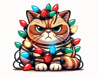 Angry Cat Tangled In Christmas Lights, Funny Christmas PNG, Digital Download, Sublimation