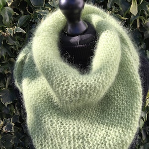 Mohair and silk triangle scarf, knitted wrap, apple green, hand knitted, luxurious, soft, warm and light, gift for her