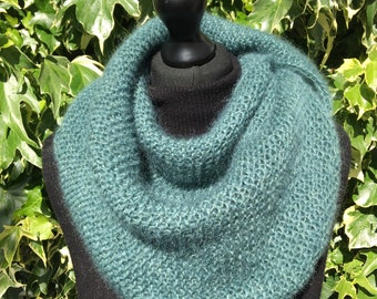 Mohair and silk triangle scarf, shawl, knitted wrap, green blue, North Sea, hand knitted, soft, warm and light, luxurious gift for her