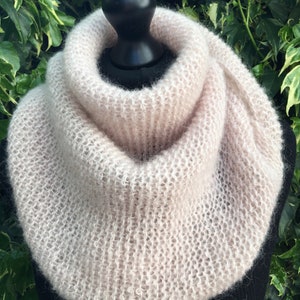 Mohair and silk triangle scarf, shawl, neck warmer, wrap, pearl pink, pale pink, hand knit, soft, warm and light, luxurious gift for her