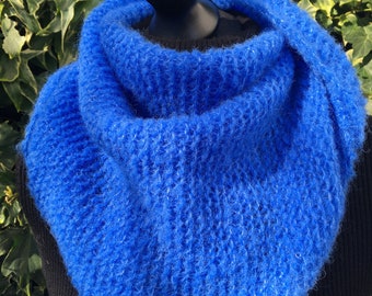 Alpaca triangle scarf, knitted wrap, cobalt, blue, hand knitted, soft, warm, light weight, gift for her