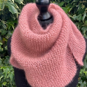 Mohair and silk triangle scarf, shawl, neck warmer, wrap, cherry sherbet, dark pink, hand knitted, soft, warm and light, gift for her