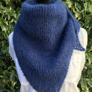 Mohair and silk triangle scarf, knitted wrap, navy blue, hand knitted, luxurious, soft, warm and light, gift for her