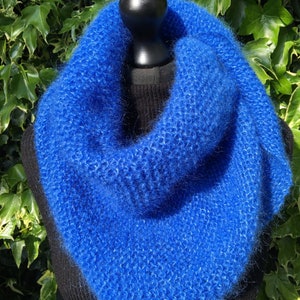 Mohair and silk triangle scarf, knitted wrap, cobalt, blue, hand knitted, luxurious, soft, warm and light, gift for her