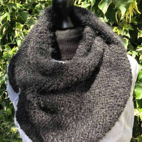 Alpaca and wool triangle scarf, knitted wrap, black, hand knitted, soft and fluffy, chunky knit, gift for her