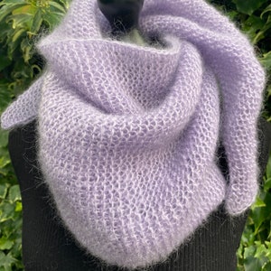 Mohair and silk triangle scarf, knitted wrap, misty lilac, lilac, hand knitted, warm, soft and light, luxurious, gift for her