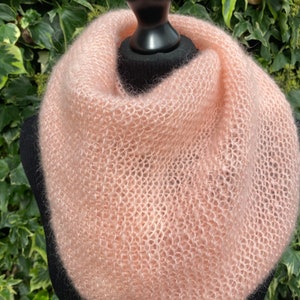 Mohair and silk triangle scarf, knitted wrap, light peach, peach pink, hand knitted, soft, warm and light, gift for her