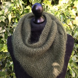 Mohair and silk triangle scarf, knitted wrap, dark olive green, hand knitted, luxurious, soft, warm and light, gift for her