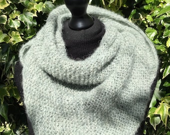 Alpaca triangle scarf, knitted wrap, sage green, pale green, hand knitted, soft, warm, light as a cloud