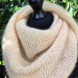 Mohair and silk triangle scarf, knitted wrap, vanilla, pale yellow, hand knitted, luxurious, soft, warm and light, gift for her