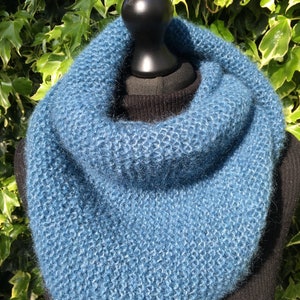 Mohair and silk triangle scarf, shawl, wrap, neck warmer, denim, blue, hand knitted, luxurious, soft, warm and light, gift for her