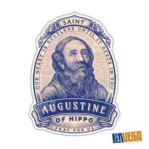 May include: A sticker with a detailed illustration of Saint Augustine of Hippo. The design is in shades of blue and beige, with text that reads "Saint Augustine of Hippo, Pray for Us." The sticker has a vintage, religious theme.
