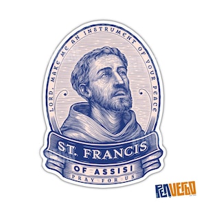 May include: A sticker with a blue and white illustration of St. Francis of Assisi. The design includes the text "Lord, Make Me An Instrument of Your Peace" and "St. Francis of Assisi, Pray For Us."
