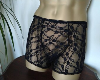 Lace boxer briefs, boxer shorts see through sheer black floral geometric men's pants