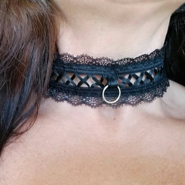 Beautiful ddlg o-ring black lace choker. Gothic kitty pet play, bdsm