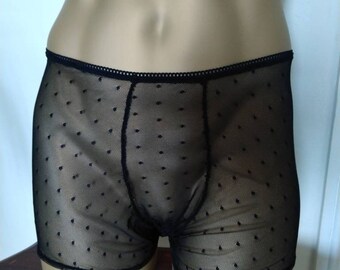 Totally sheer men's boxer brief lingerie perfect for a wedding. Black spot see through fabric