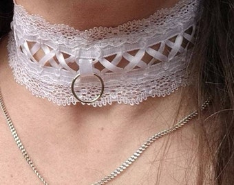 Beautiful ddlg white lace choker with o-ring, perfect for summer and weddings. Limited edition!