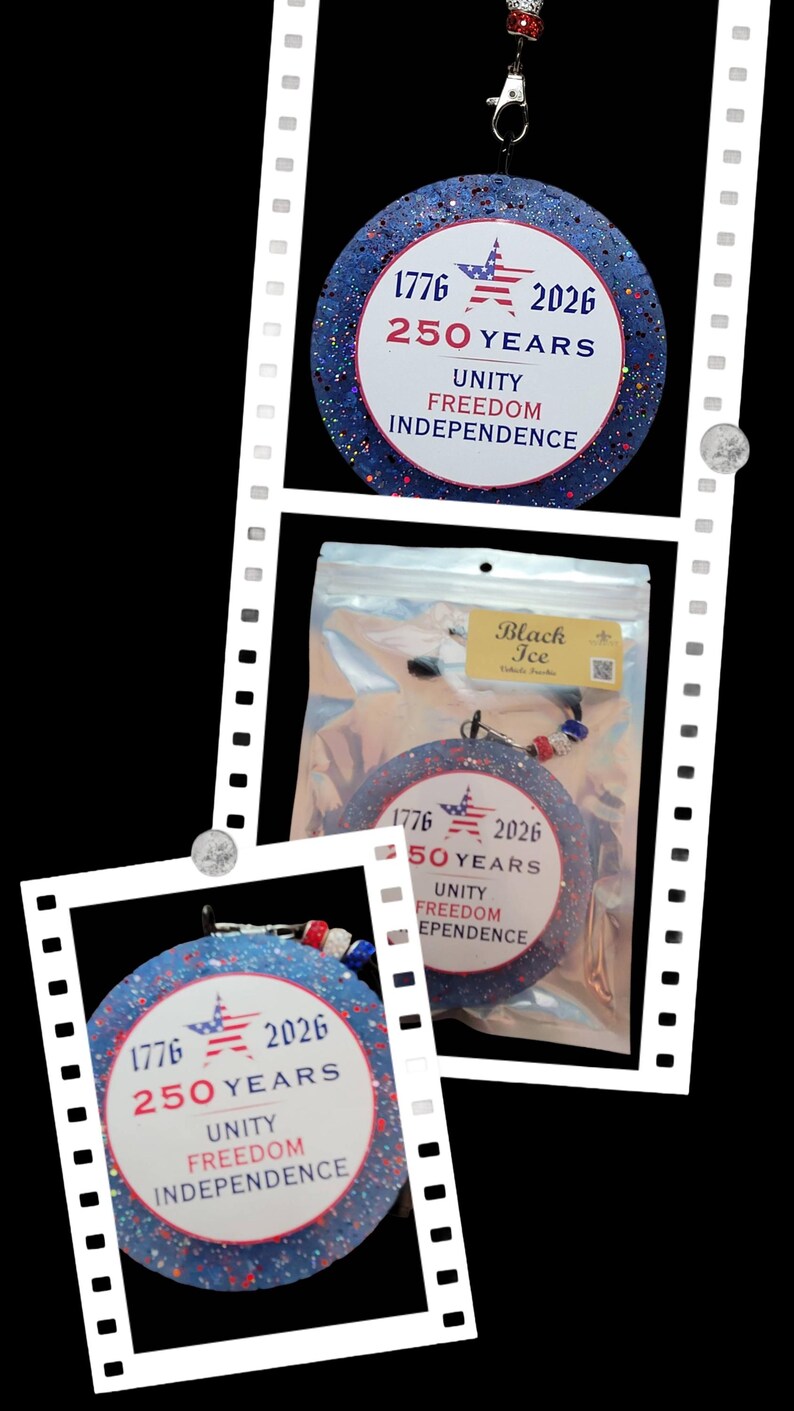 May include: Circular ornament with a blue glitter background and the text "1776 2026 250 YEARS UNITY FREEDOM INDEPENDENCE". The ornament has a red, white, and blue color scheme, with a star and stripes design. A second ornament is visible in a clear plastic bag.