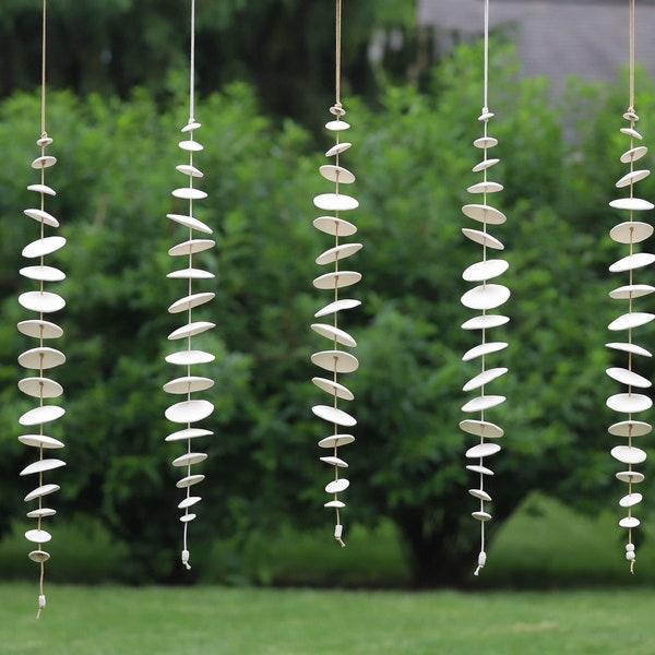 White Handmade Ceramic Wind Chimes/Garland/Spinning - 17 disks -32"-36" long-wedding gift-bereavement-Mom-girl friend - housewarming gift